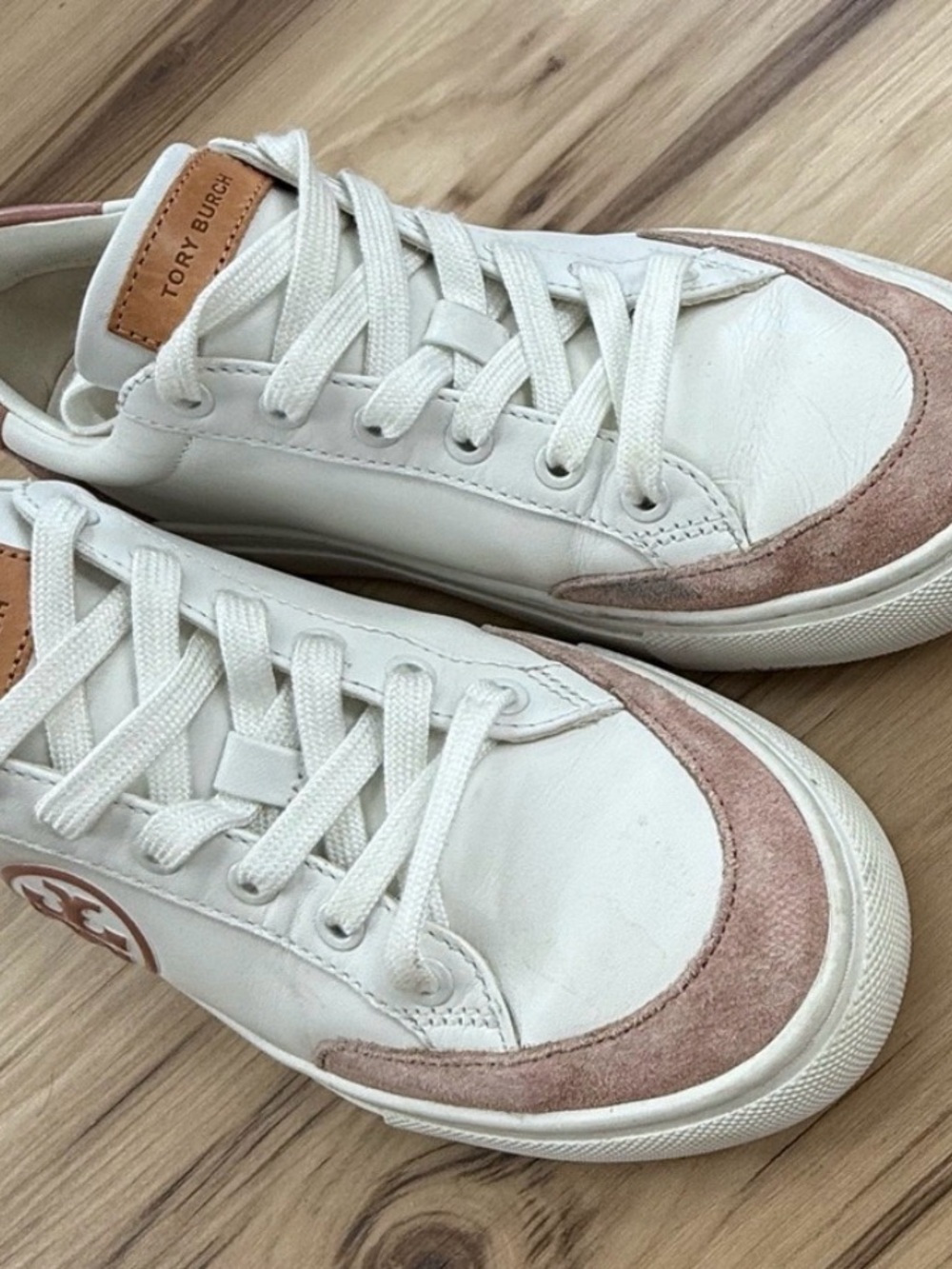 Tory Burch White Leather Sneakers with Blush Pink Suede Accents